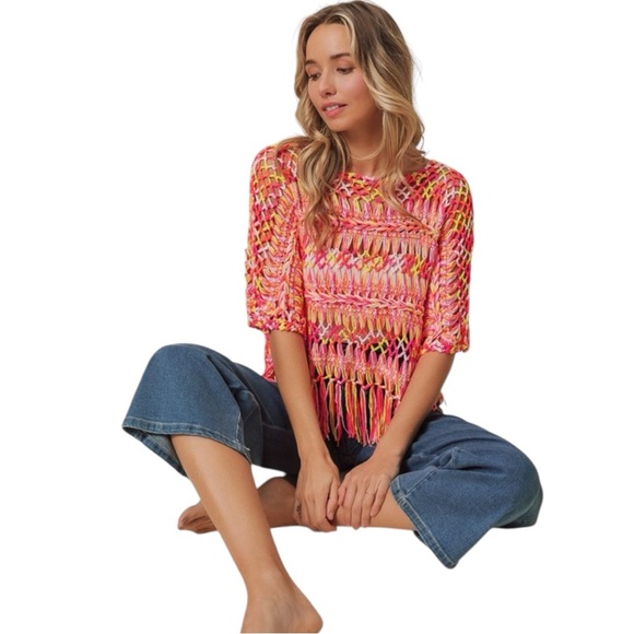 BiBi MULTI COLORS OPEN KNIT FRINGED COVER UP - Picture 1 of 6